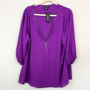 City Chic Womens Sexy Fling Top Blouse Size 16 Flowy Elbow Sleeve Zip Fuchsia